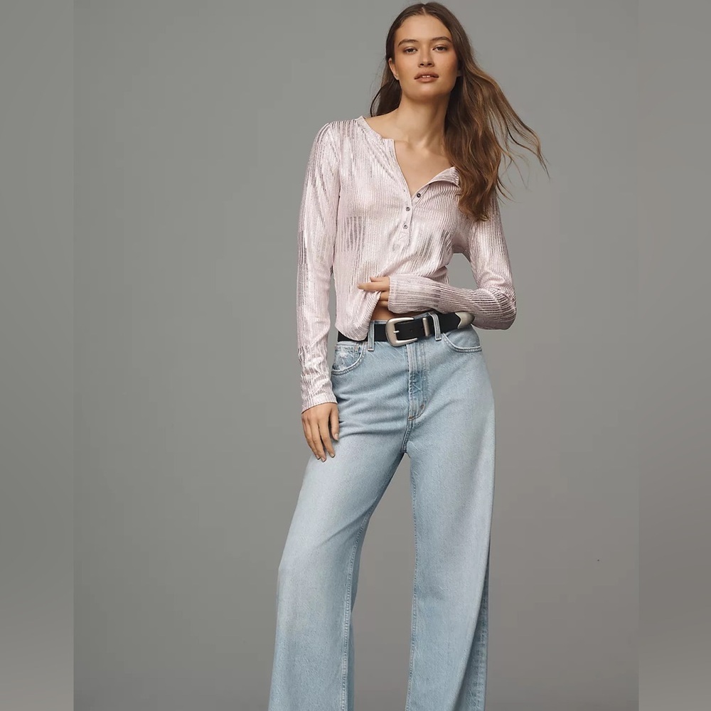 Anthropologie The Andie Ribbed Henley Top by Pilcro: Shimmer Edition XS